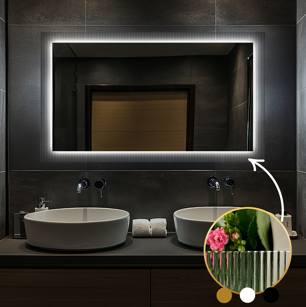 Правоъгълно огледало HARMONY с LED осветление и подрамка от орнаментно стъкло тип Флейта - AVE Ceramica