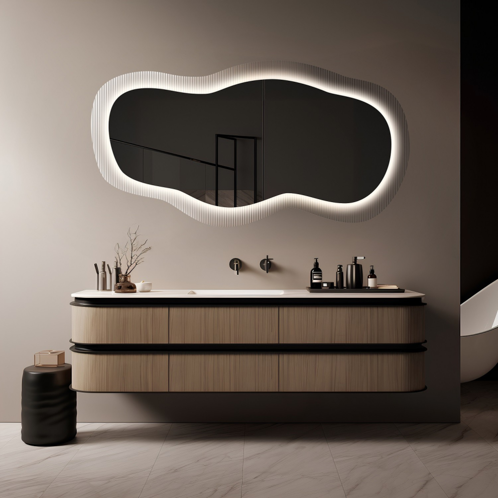 Огледало CLOUD с органична форма, LED осветление и подрамка от орнаментно стъкло тип Флейта - AVE Ceramica