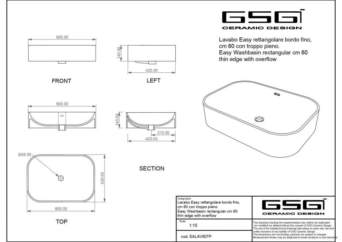 Правоъгълна мивка за монтаж върху плот GSG EASY – бял гланц, 60 см, с преливник - AVE Ceramica