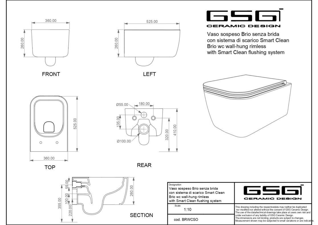 Окачена тоалетна чиния GSG BRIO – бял гланц, с функция SmartClean - AVE Ceramica